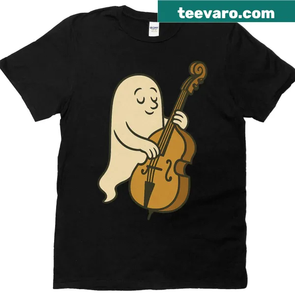 Ghost playing double bass graphic on Halloween T-shirt