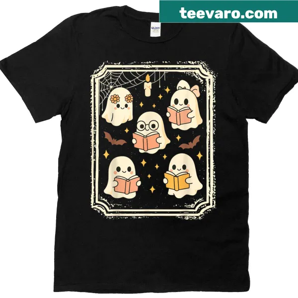 Vintage-style ghost reading books Halloween tee