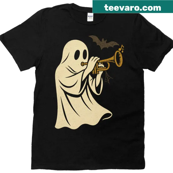 T-shirt with a whimsical ghost playing trumpet illustration