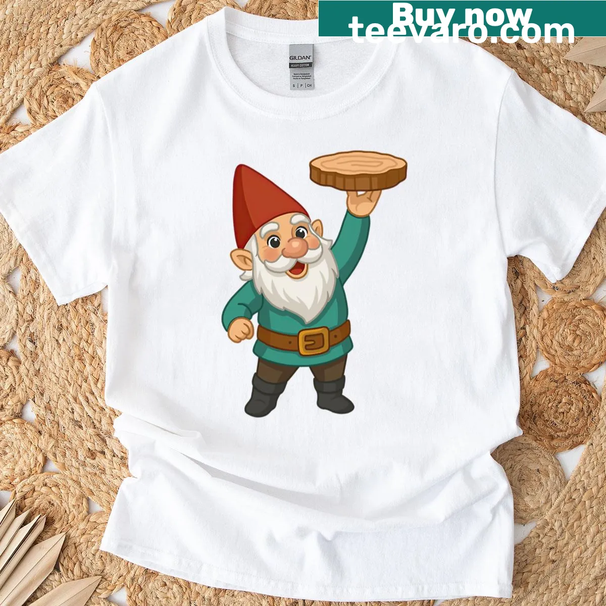 Cheerful gnome graphic in a forest on a T-shirt — on a men's t-shirt