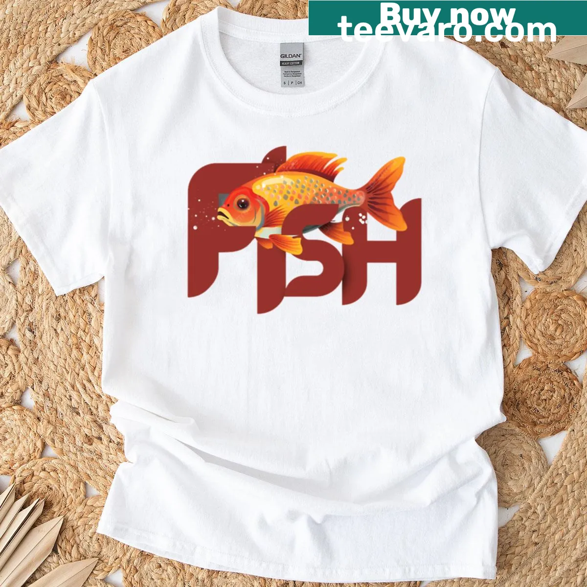 T-shirt featuring artistic typography with 'Golden Fish' — on a men's t-shirt