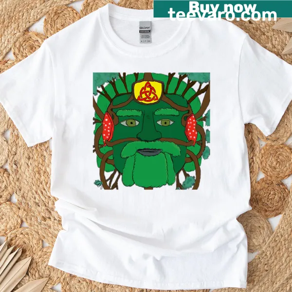 Illustration of the Green Man on a nature-inspired t-shirt