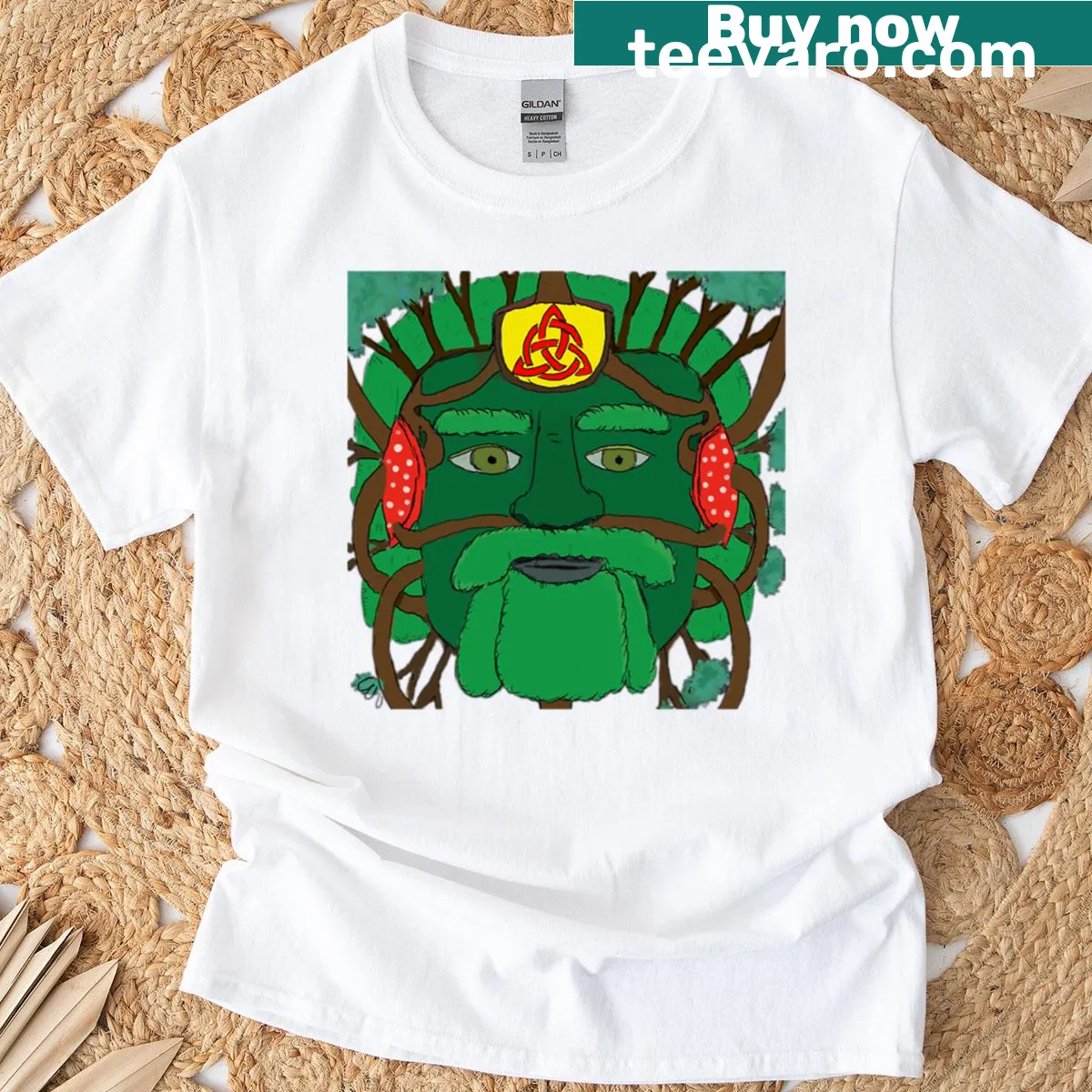 Illustration of the Green Man on a nature-inspired t-shirt — on a men's t-shirt