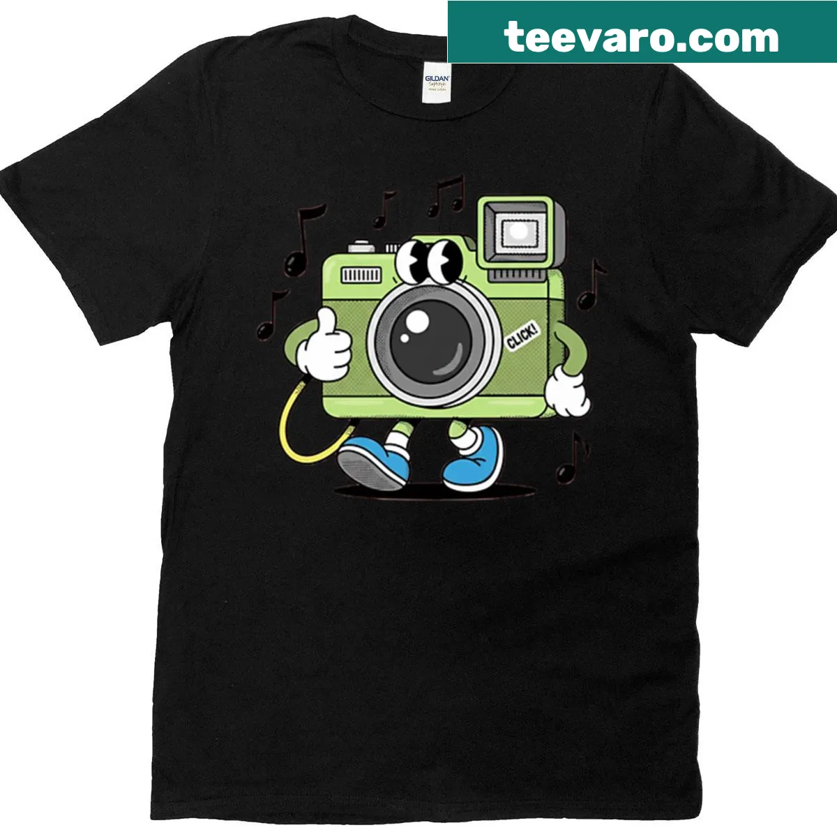 Cartoon retro camera design on a groovy oversized t-shirt — on a men's t-shirt