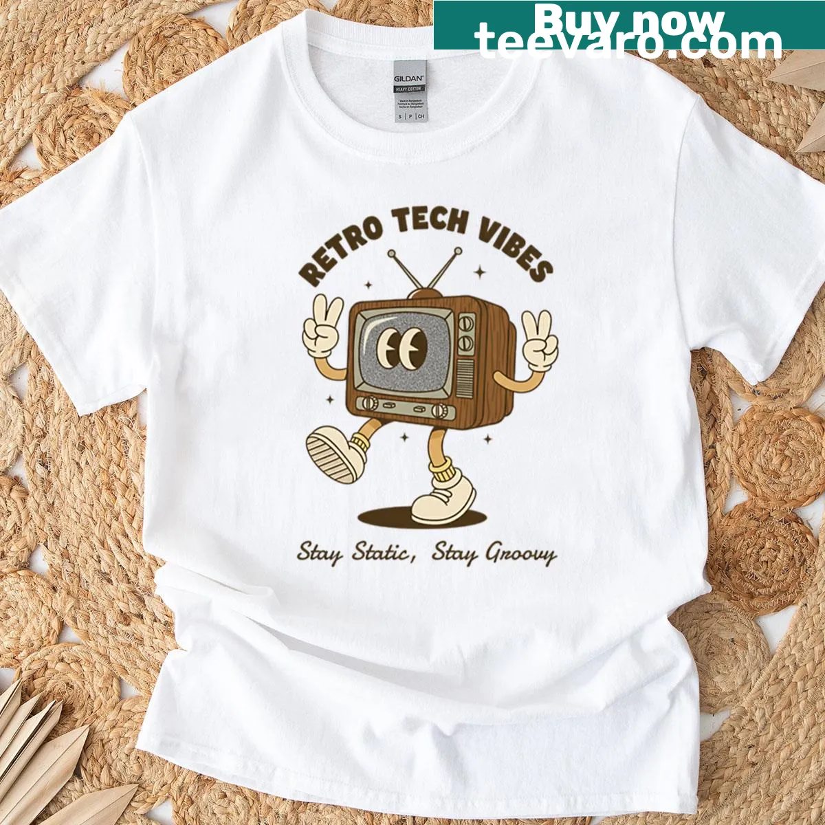 Retro cartoon t-shirt with Stay Static Stay Groovy graphic — on a men's t-shirt