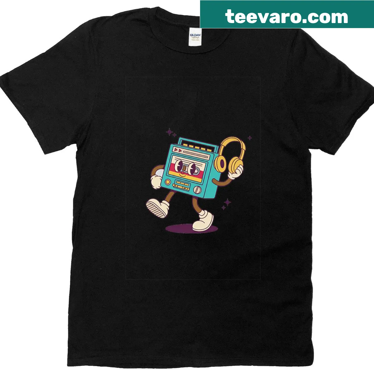 T-shirt featuring a cartoon Walkman cassette player from the 80s — on a men's t-shirt