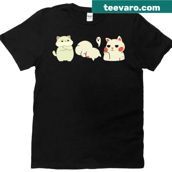 Cute T-shirt with grumpy and sleepy cartoon cats and kawaii stickers
