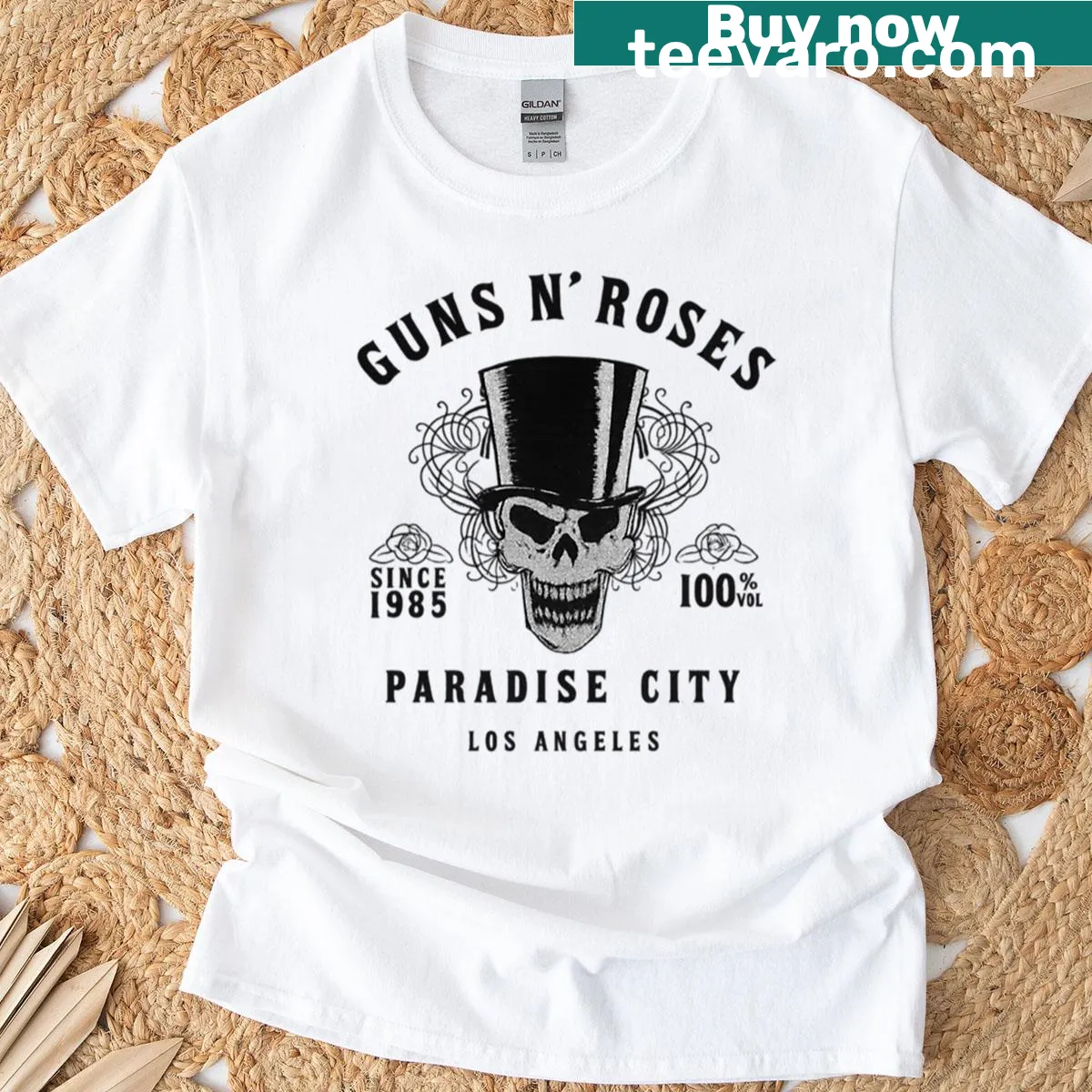 Guns N Roses 100 Volume t-shirt with bold text design — on a men's t-shirt