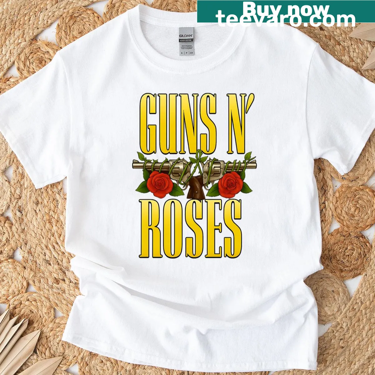 Vintage-style design featuring Guns N Roses on a t-shirt — on a men's t-shirt