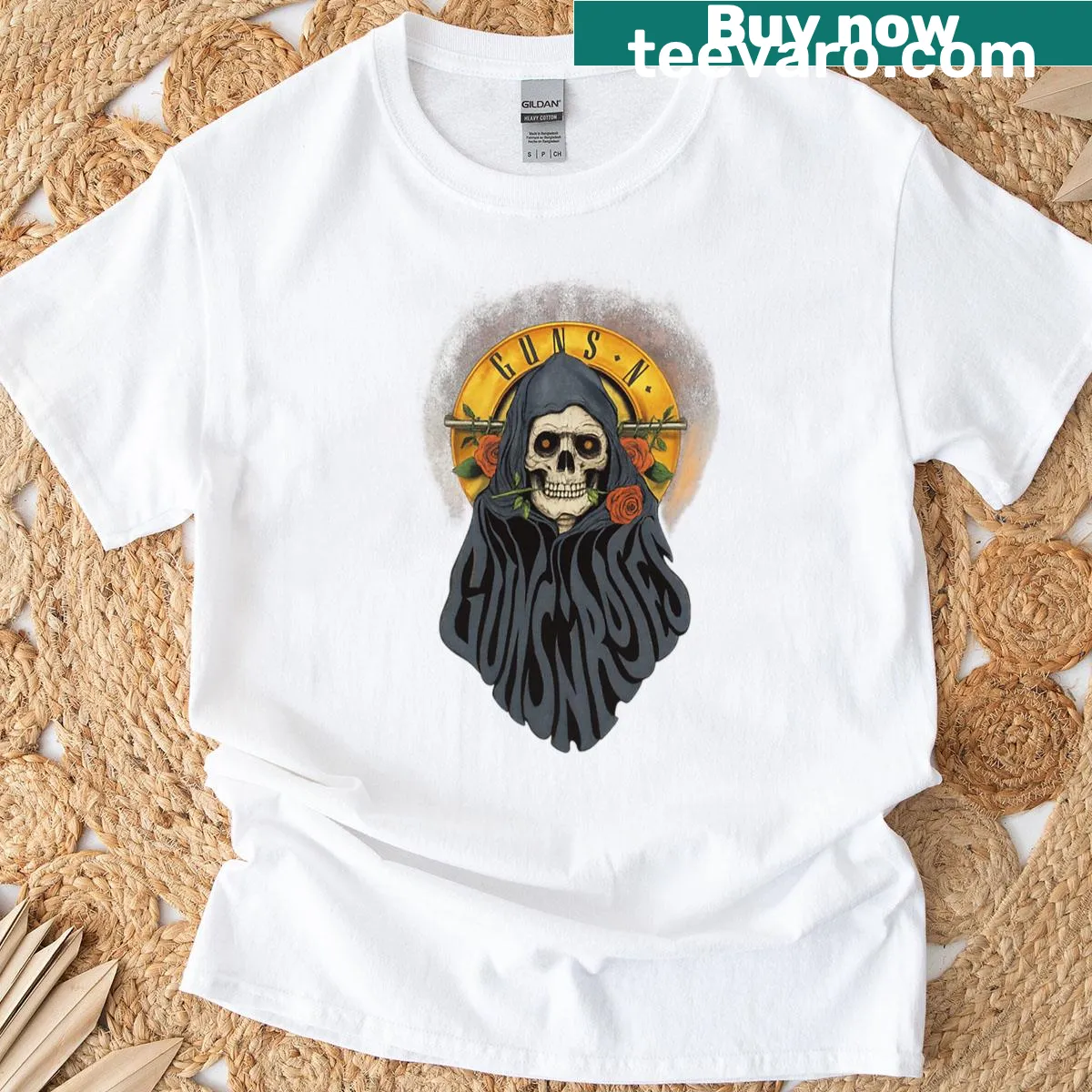 Guns N Roses reaper t-shirt featuring a reaper with a guitar — on a men's t-shirt