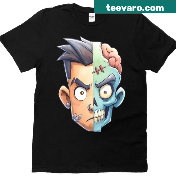Cartoon shirt with a half human, half zombie design for Halloween
