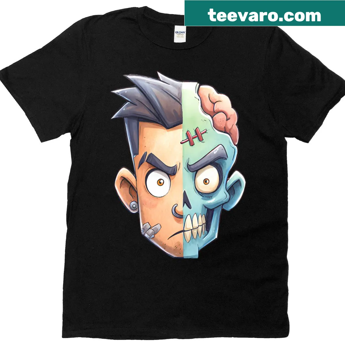 Cartoon shirt with a half human, half zombie design for Halloween — on a men's t-shirt