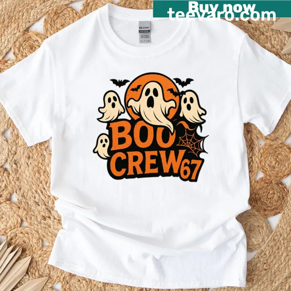 Cartoon-style Halloween tee featuring 'Boo Crew 67' text