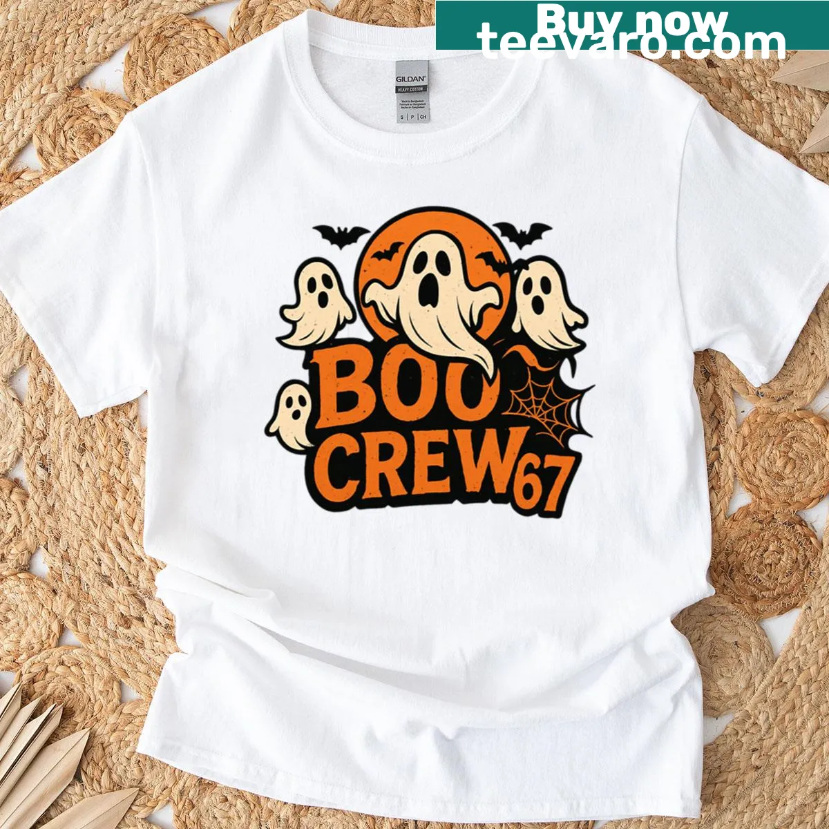 Cartoon-style Halloween tee featuring 'Boo Crew 67' text — on a men's t-shirt
