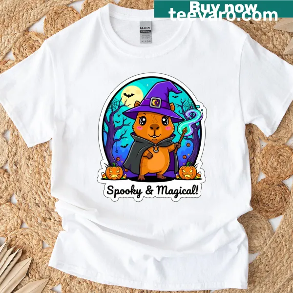 Kawaii Halloween T-shirt with a capybara magician graphic