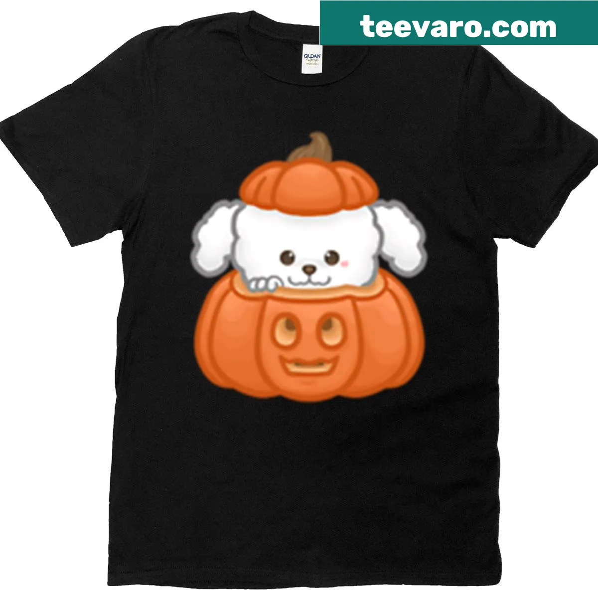 Cartoon poodle in a pumpkin costume t-shirt — on a men's t-shirt