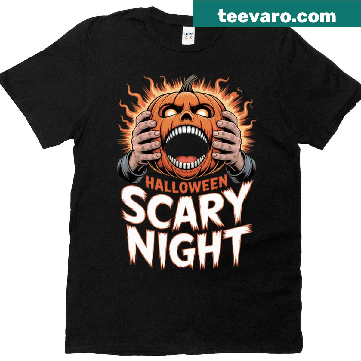 Spooky screaming pumpkin head graphic on Halloween T-shirt — on a men's t-shirt