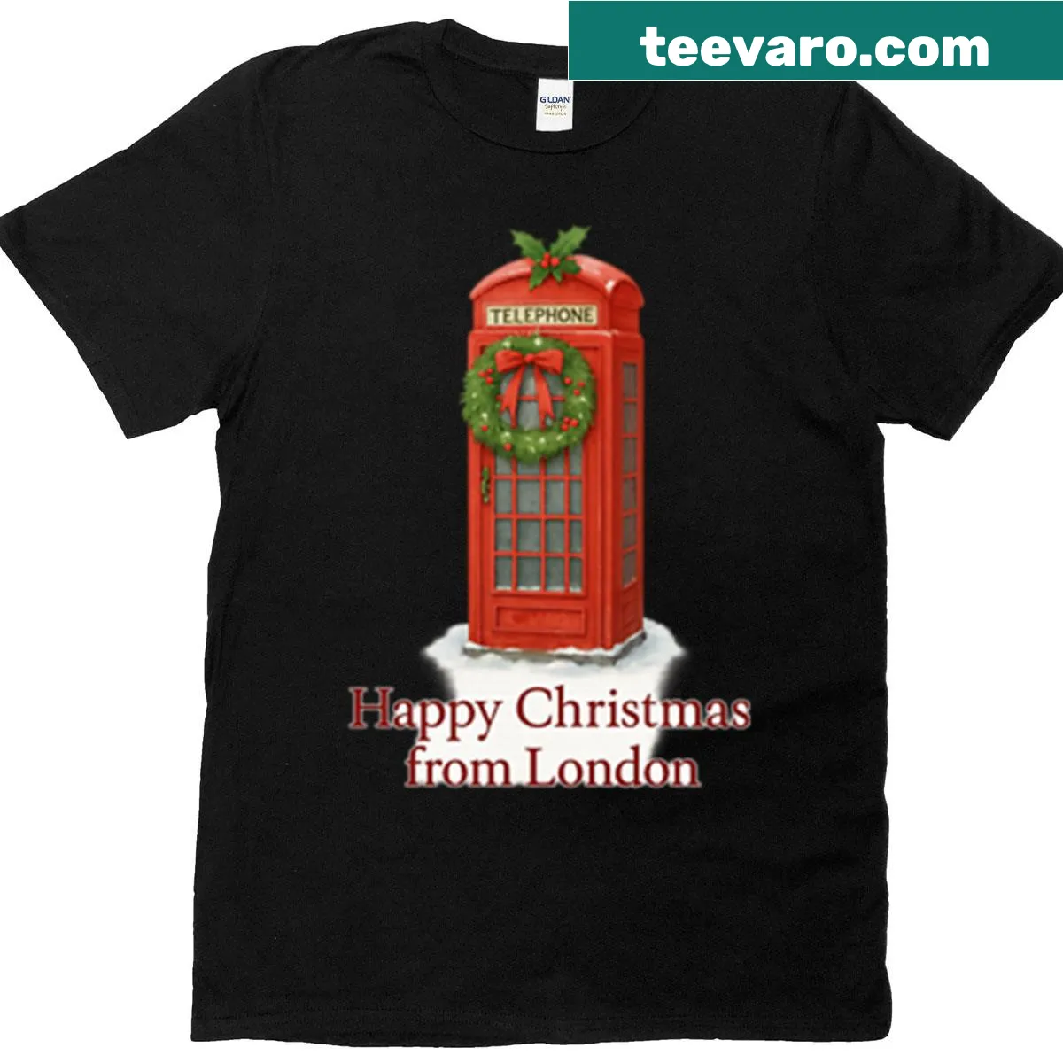 Festive T-shirt featuring a red phone box for Christmas — on a men's t-shirt