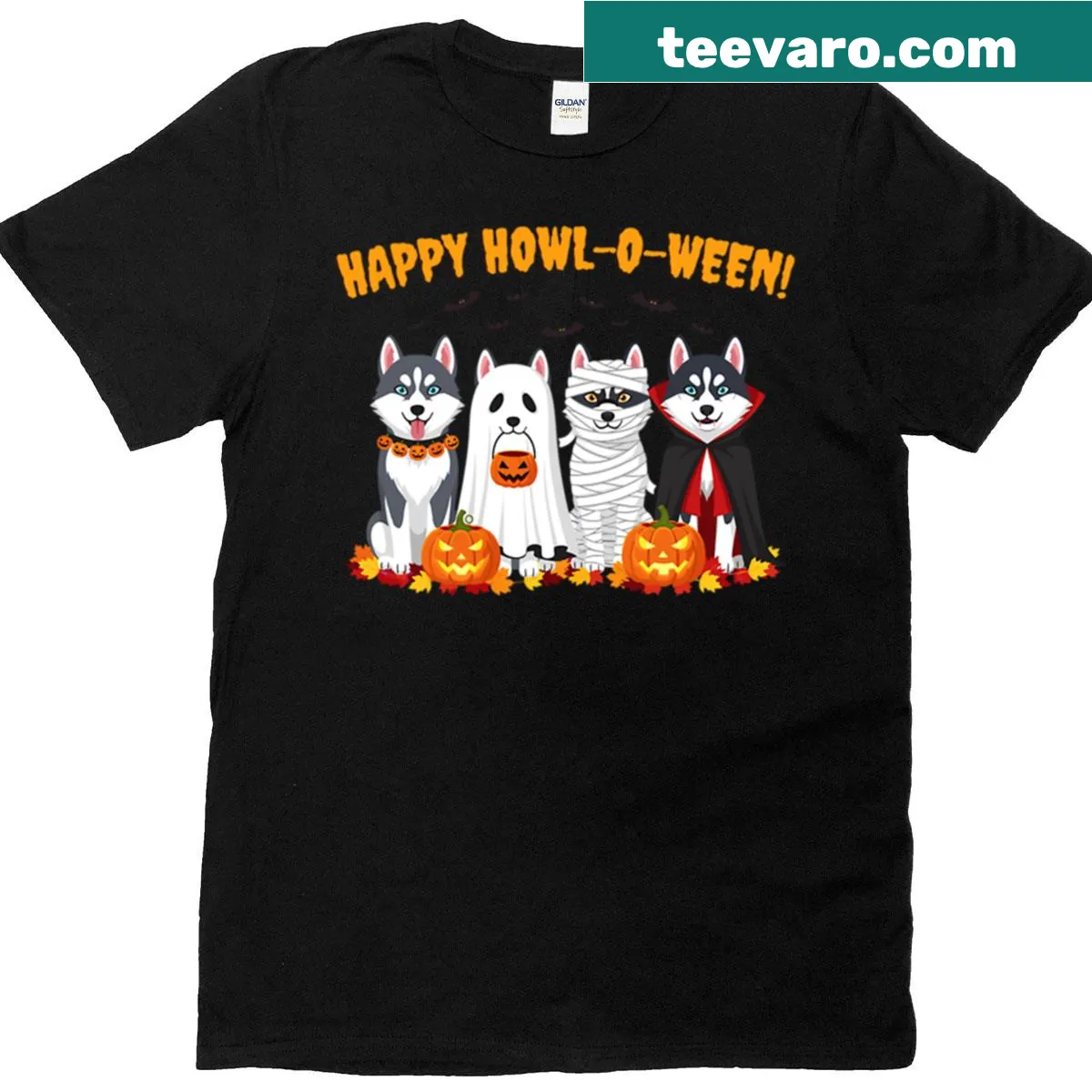 Cute Halloween t-shirt featuring huskies in costumes — on a men's t-shirt
