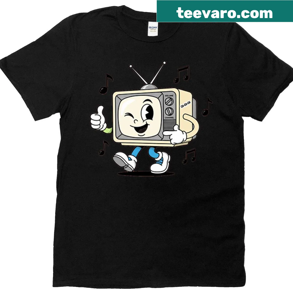 Retro TV cartoon design with groovy tech vibes on t-shirt — on a men's t-shirt