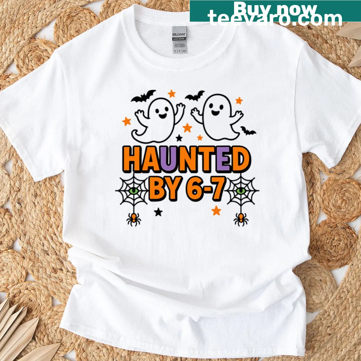 Funny Halloween shirt showing the text about being haunted by 6-7 ghosts — on a men's t-shirt