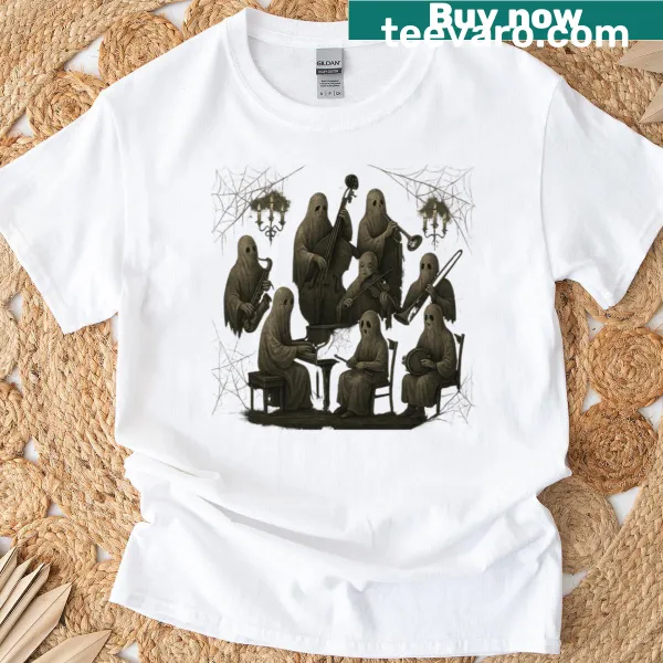 Vintage-style T-shirt featuring a ghostly orchestra graphic