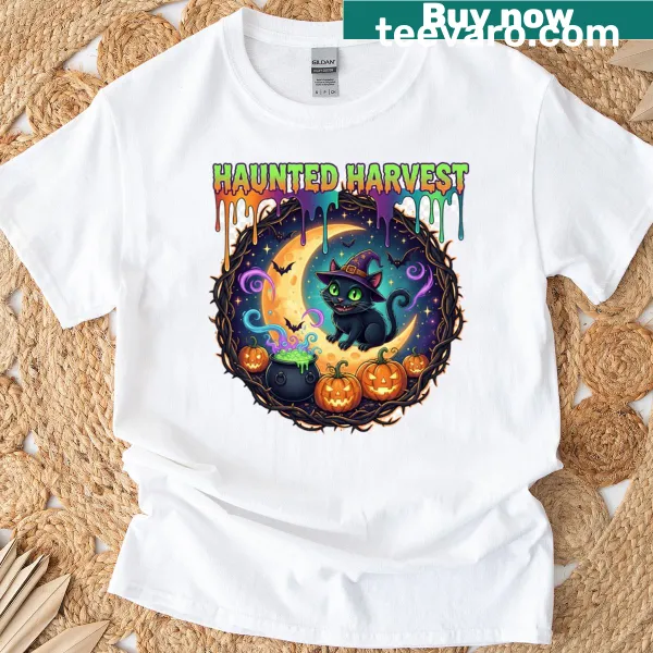 Haunted Harvest Halloween T-shirt with pumpkins and spooky graphics