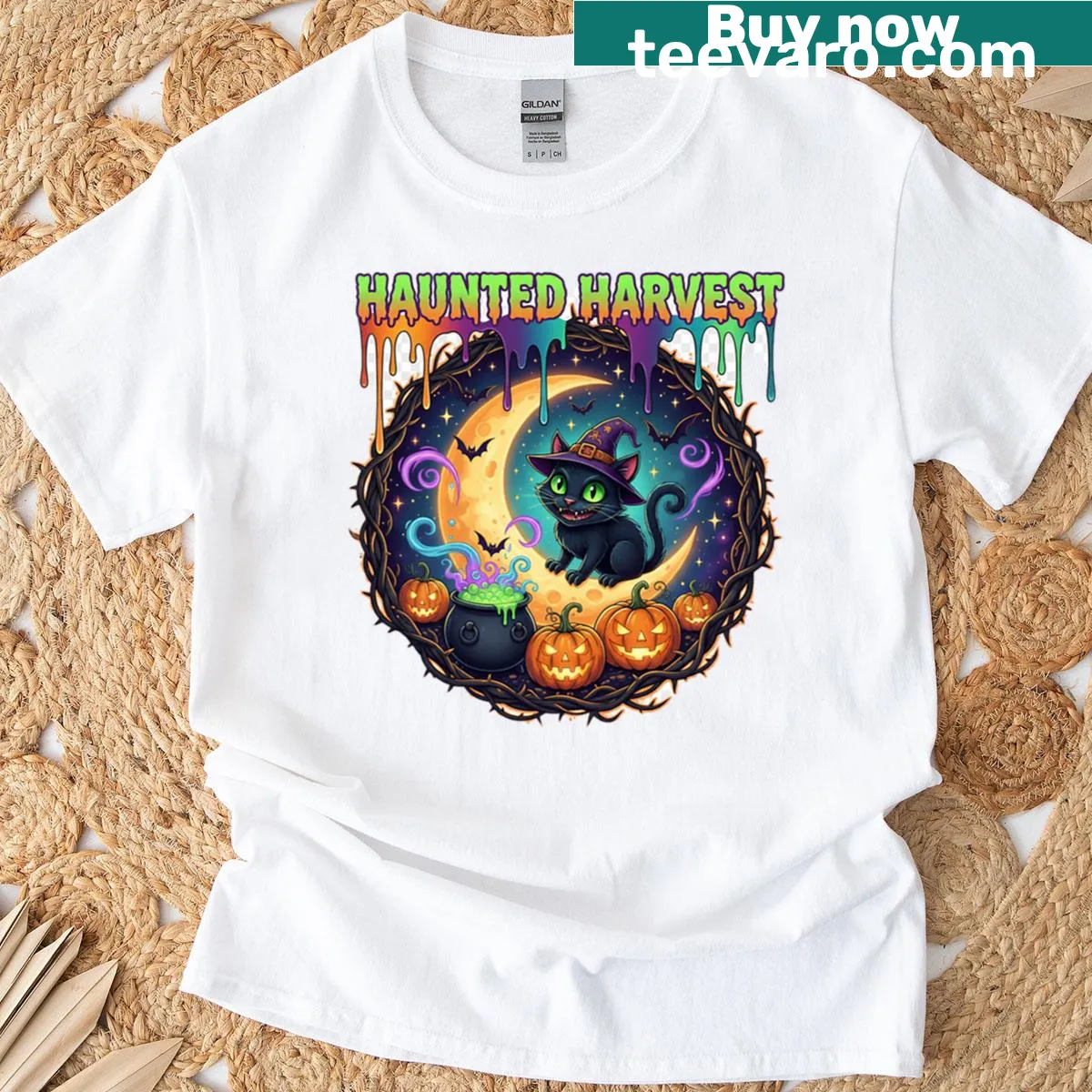 Haunted Harvest Halloween T-shirt with pumpkins and spooky graphics — on a men's t-shirt