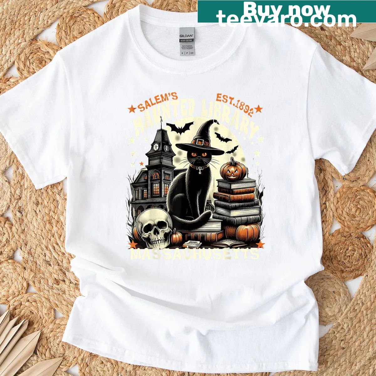 Vintage Gothic artwork of a haunted library on a T-shirt — on a men's t-shirt