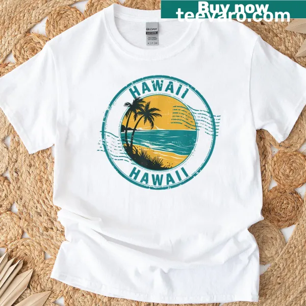 Vintage travel stamp T-shirt featuring palm trees and beach design