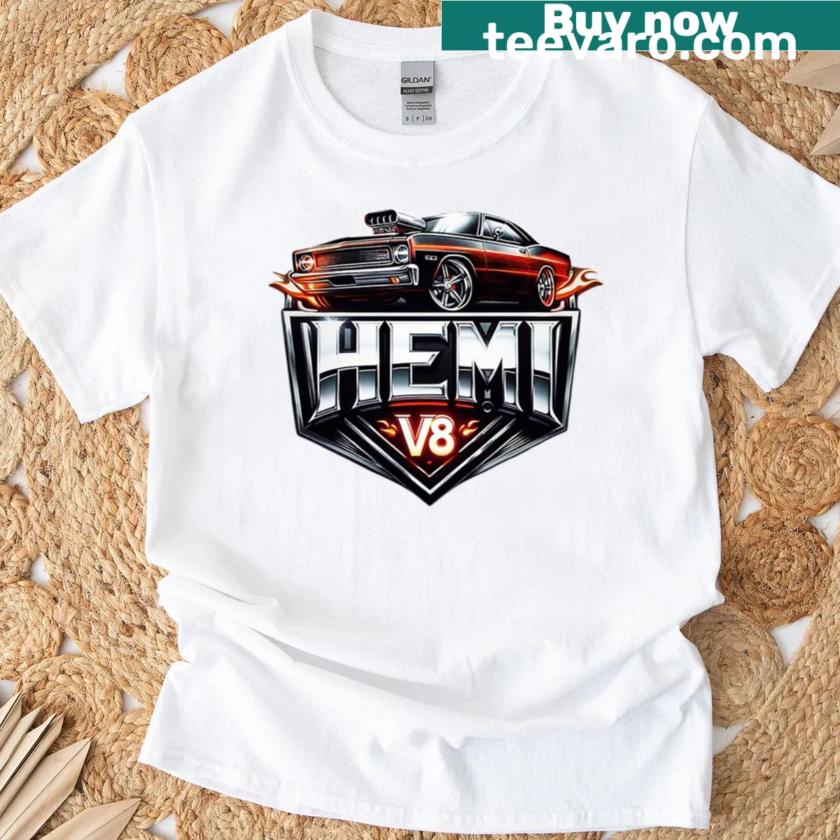 Illustration of a Hemi V8 muscle car with flames on T-shirt. — on a men's t-shirt