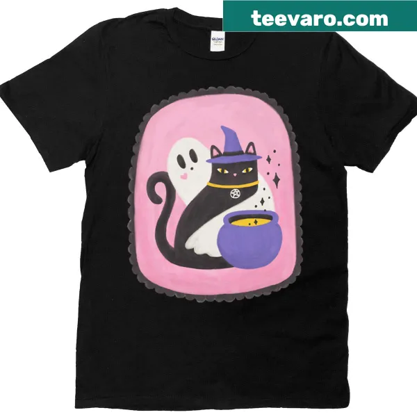 Whimsical T-shirt featuring a witch cat and friendly ghost