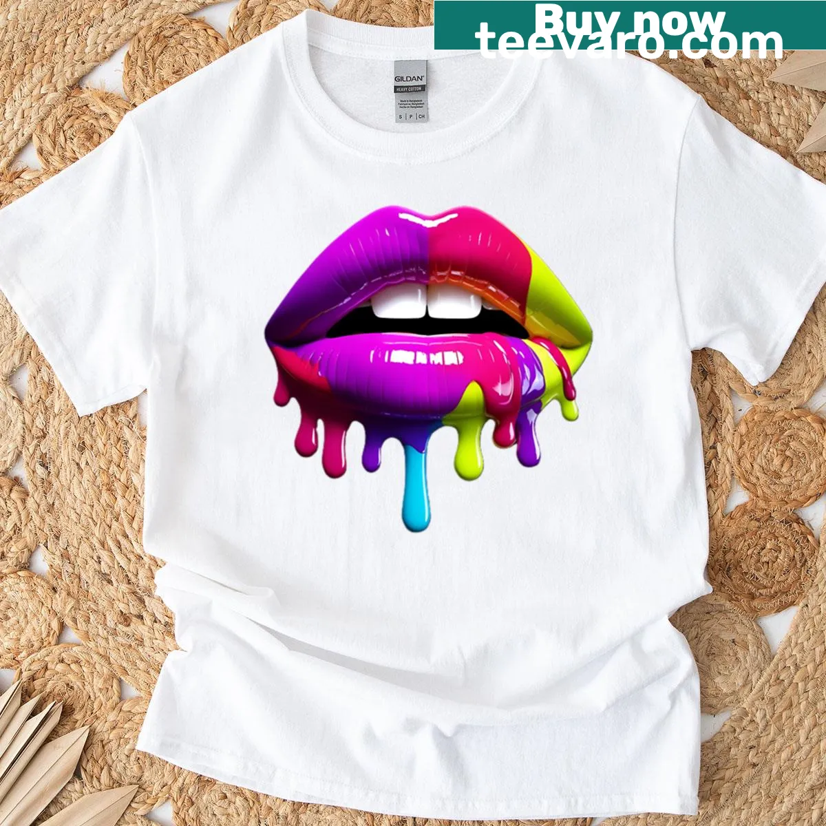 Hyper realistic t-shirt with dripping effect rainbowmouth lips — on a men's t-shirt