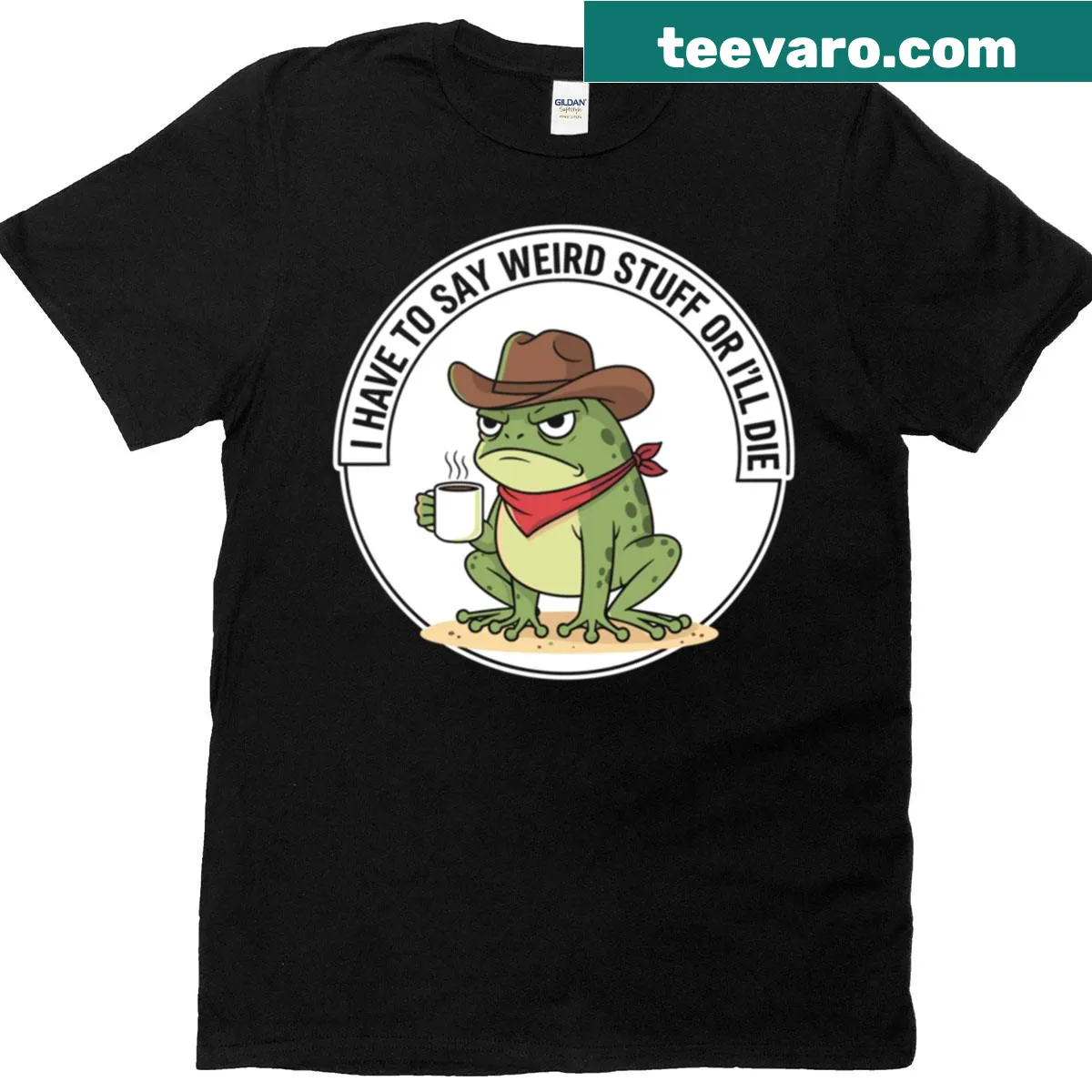 Funny cowboy frog meme t-shirt with humorous text. — on a men's t-shirt