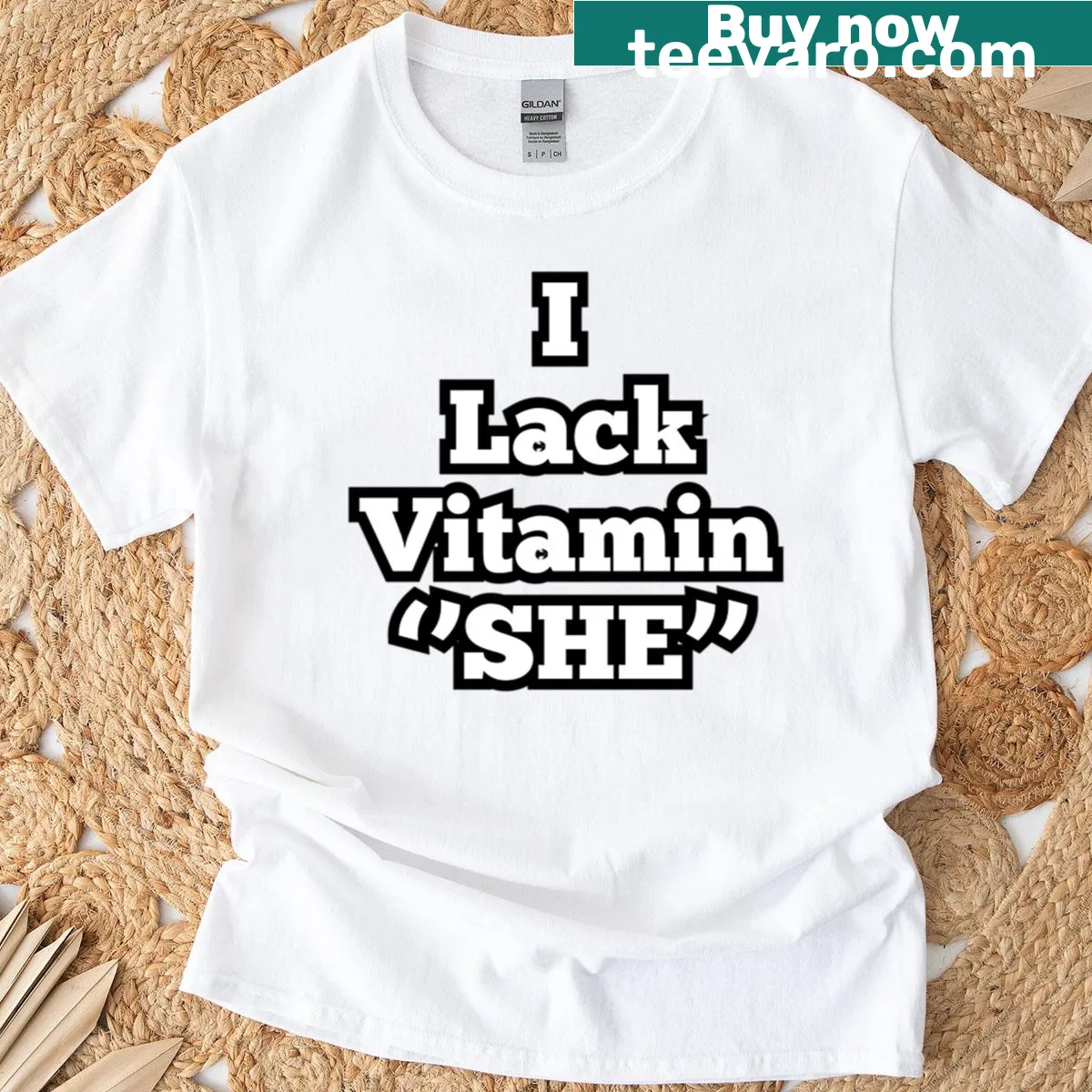 Funny relationship quote t-shirt for men with 'I Lack Vitamin She' text — on a men's t-shirt