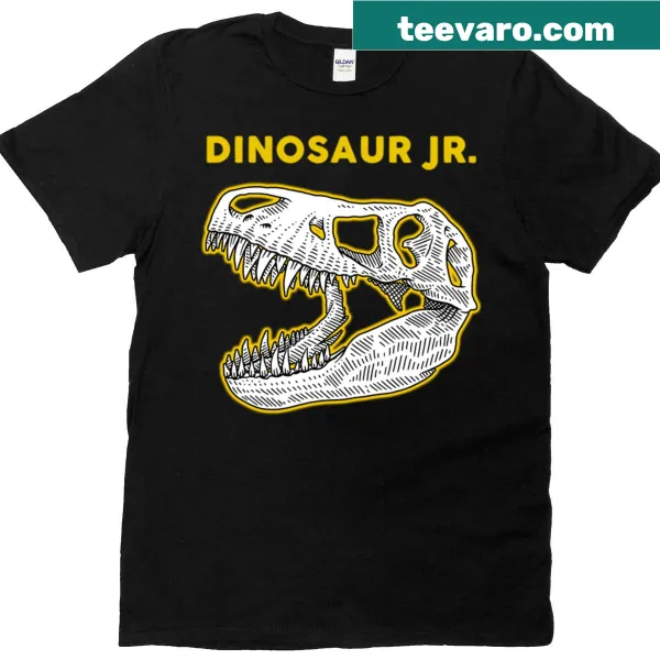 Skeleton dinosaur playing music in a band on a t-shirt