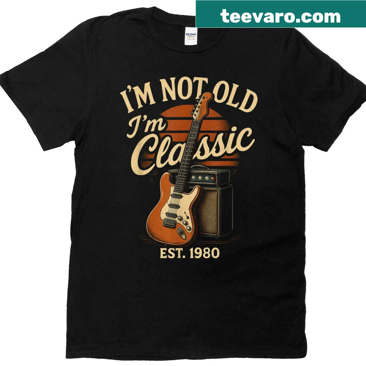 Vintage guitar-themed t-shirt with nostalgic text from 1980 — on a men's t-shirt