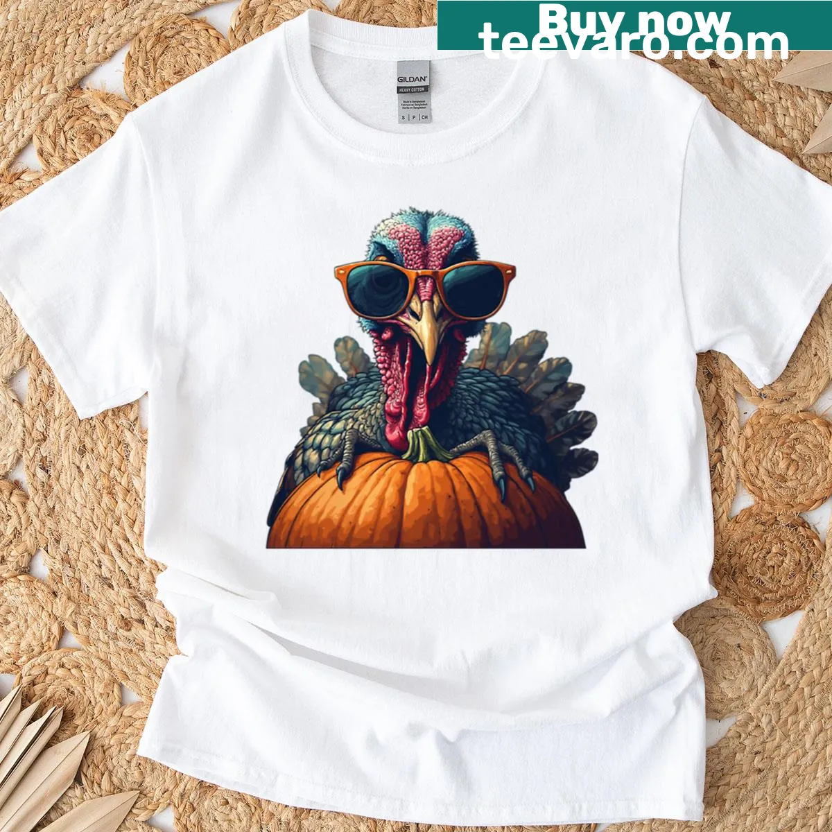 Funny oversized turkey T-shirt with sunglasses, perfect for Thanksgiving — on a men's t-shirt