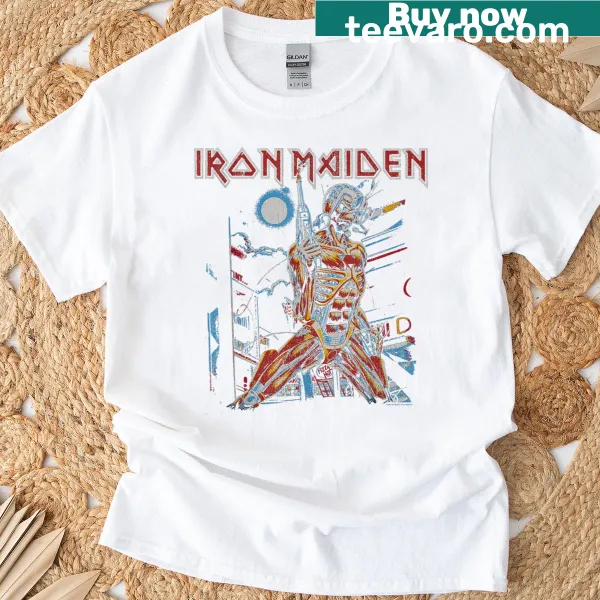 Vintage cityscape graphic T-shirt inspired by Iron Maiden
