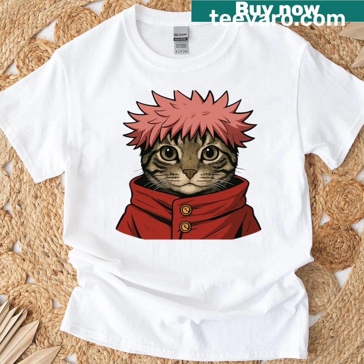 Cute T-shirt featuring a cat head with a red hood — on a men's t-shirt