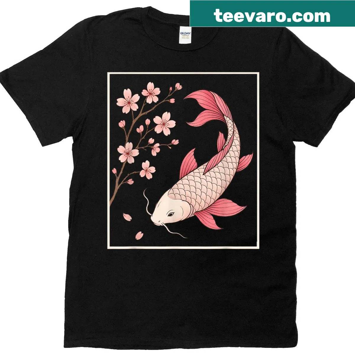 Vintage art t-shirt featuring koi fish and sakura blossoms design — on a men's t-shirt