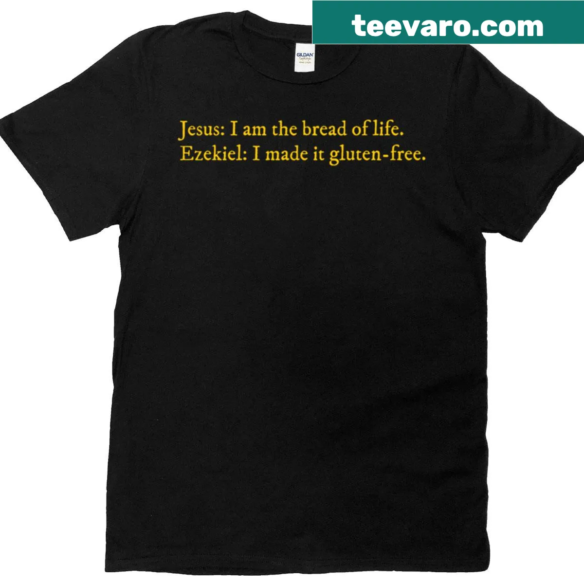 Typography t-shirt featuring 'Jesus I Am The Bread Of Life' gluten-free graphic — on a men's t-shirt