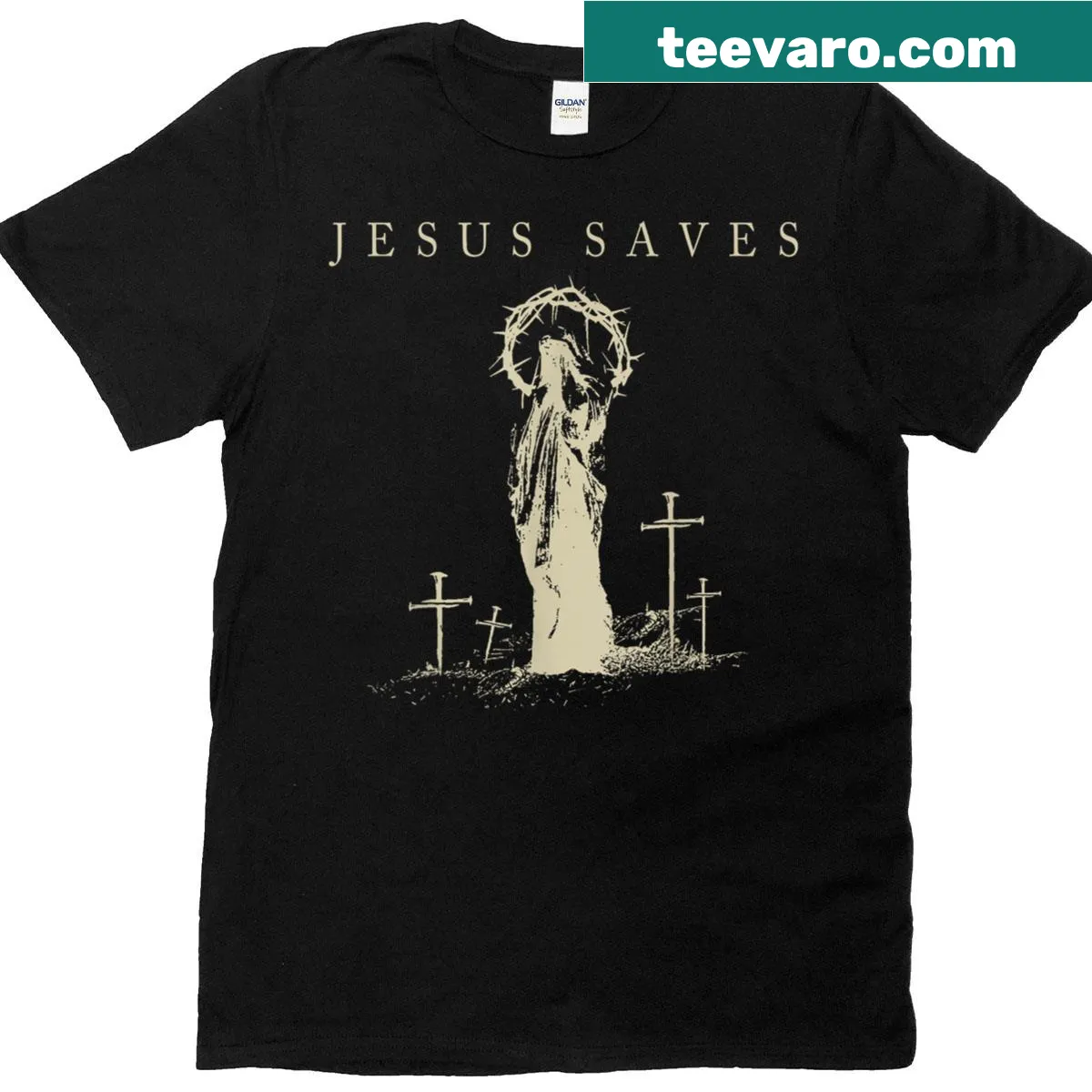 Vintage-inspired T-shirt with Jesus Saves cross graphic — on a men's t-shirt