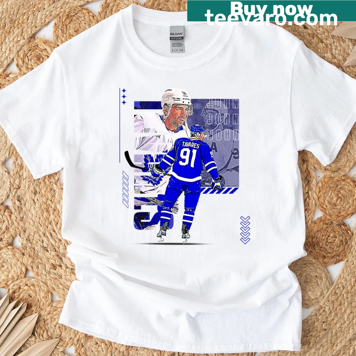 Hockey t-shirt featuring an illustration of John Tavares — on a men's t-shirt