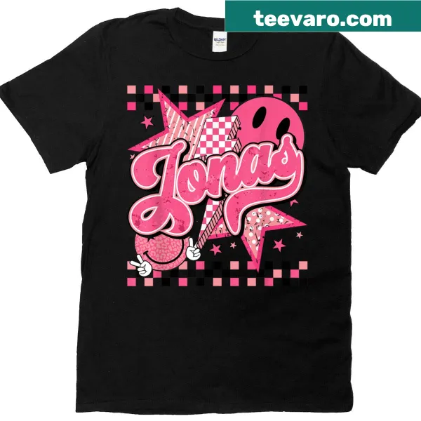 Retro checkered t-shirt featuring 'Jonas' in a groovy font