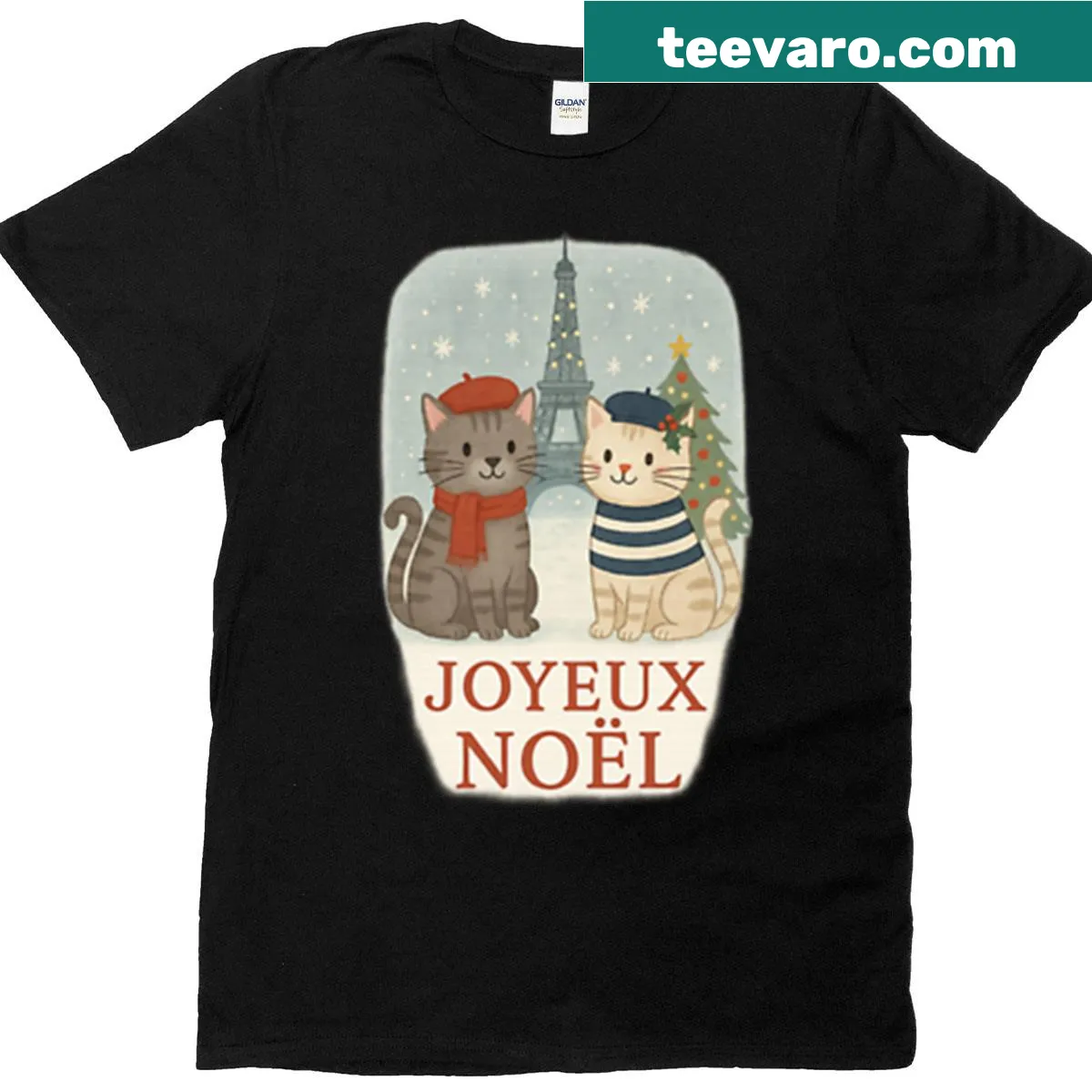 Christmas-themed T-shirt with cats under the Eiffel Tower — on a men's t-shirt