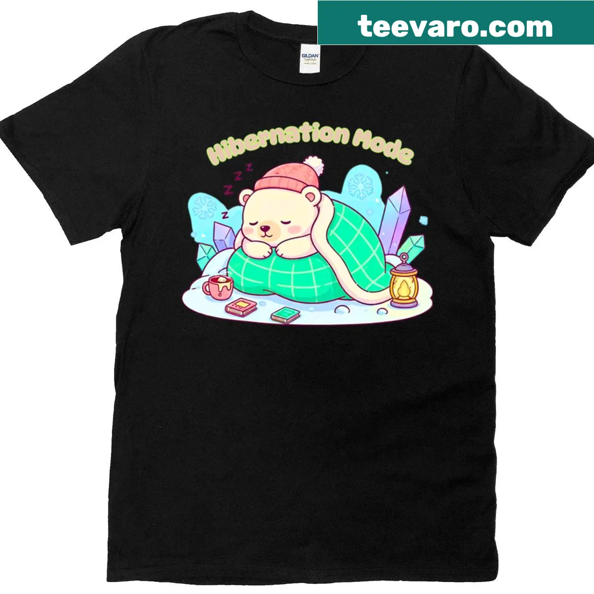 Kawaii polar bear T-shirt in hibernation design — on a men's t-shirt