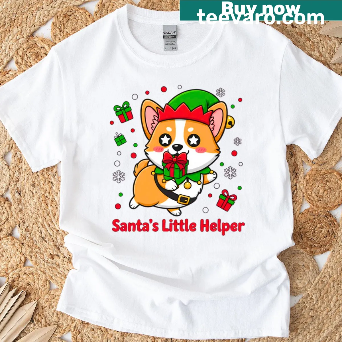Cute cartoon Santa Corgi illustration on a festive T-shirt — on a men's t-shirt