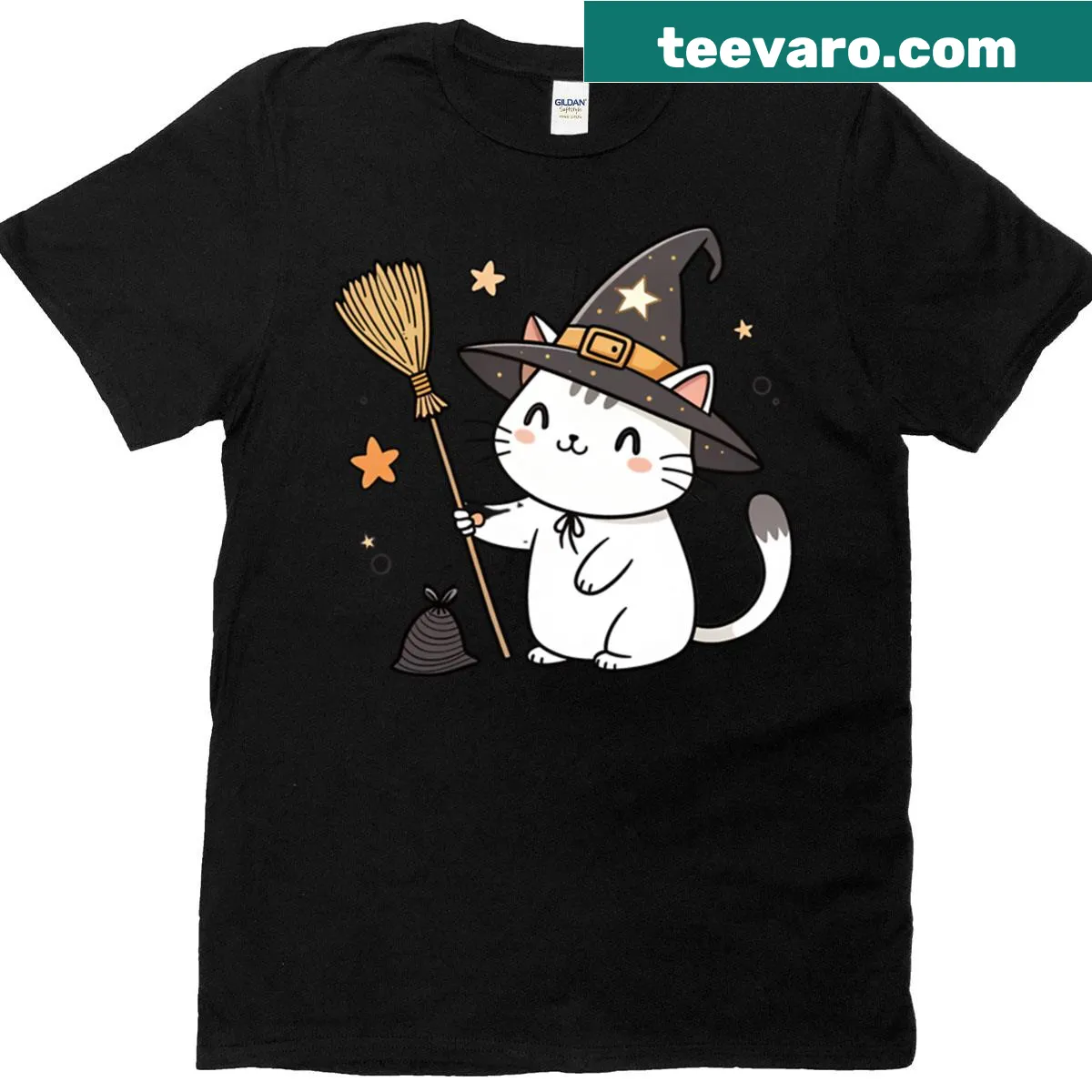 Cute cartoon witch cat with a hat design on a t-shirt — on a men's t-shirt