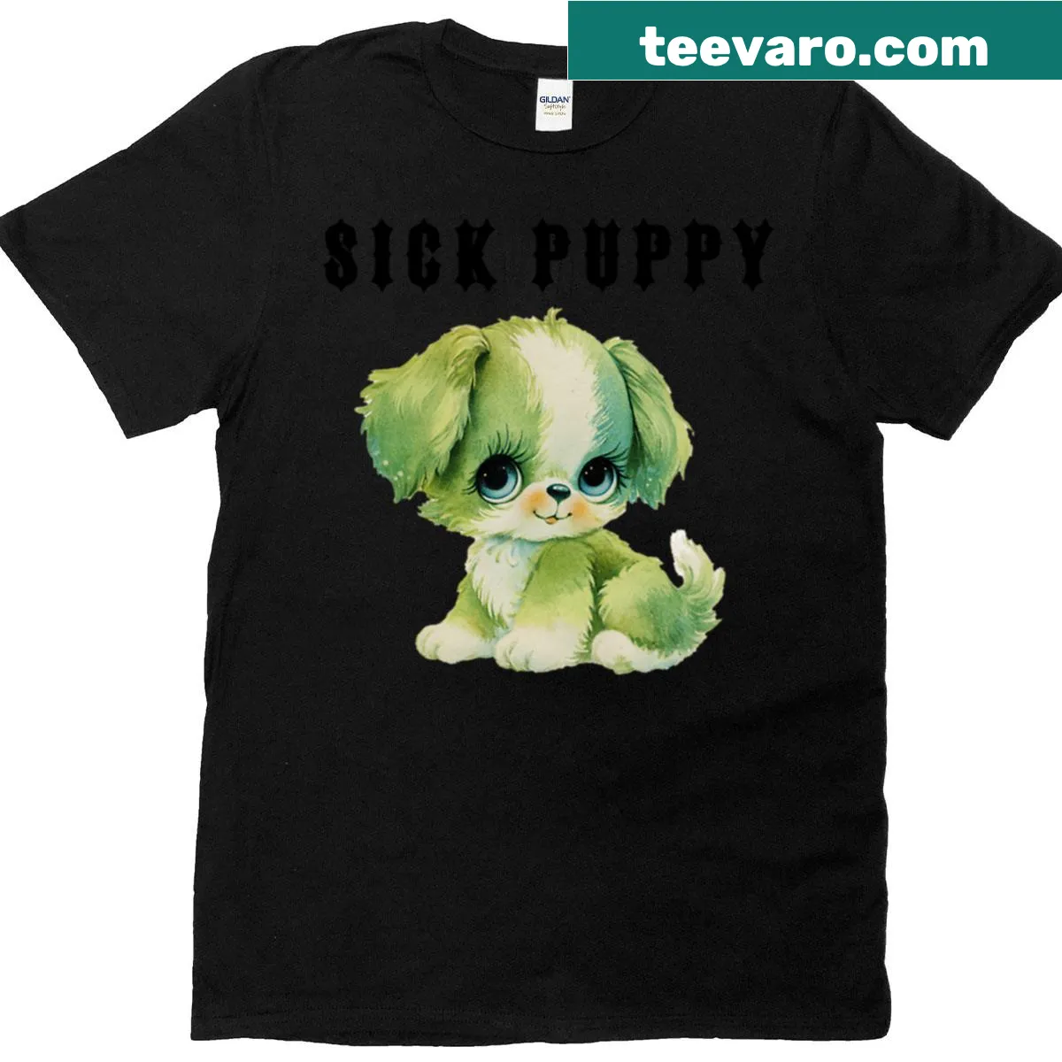 Oversized T-shirt with a cartoon sick puppy design — on a men's t-shirt